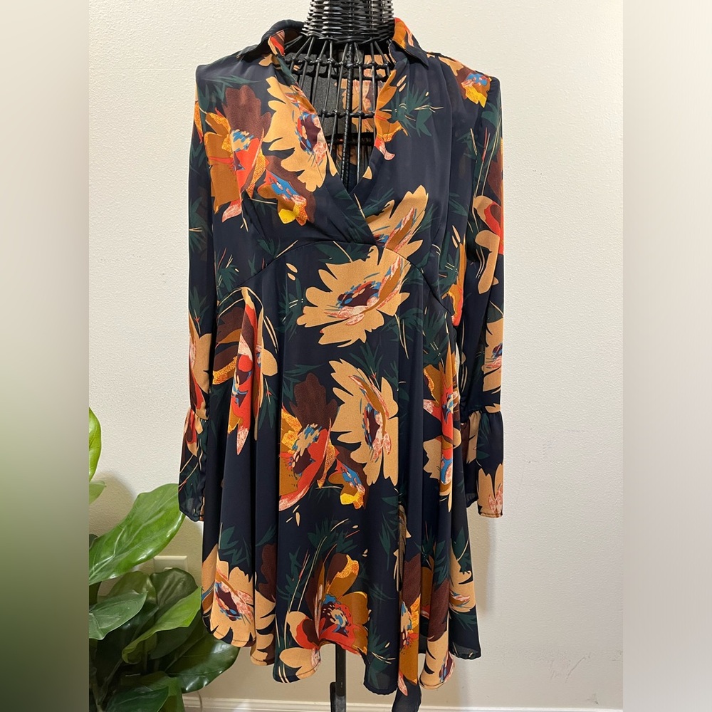 New Navy Tan Orange Bell Sleeve Ruffle Empire Waist Floral Dress Flower Retro